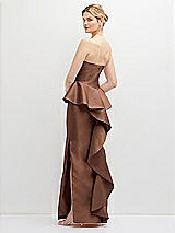 Rear View Thumbnail - Cognac Strapless Satin Maxi Dress with Cascade Ruffle Peplum Detail