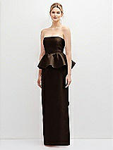 Front View Thumbnail - Espresso Strapless Satin Maxi Dress with Cascade Ruffle Peplum Detail