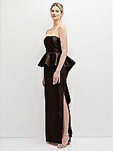 Side View Thumbnail - Espresso Strapless Satin Maxi Dress with Cascade Ruffle Peplum Detail