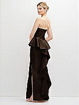Rear View Thumbnail - Espresso Strapless Satin Maxi Dress with Cascade Ruffle Peplum Detail