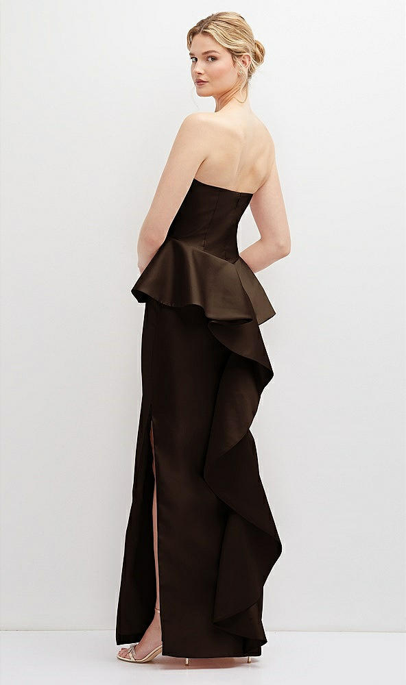 Back View - Espresso Strapless Satin Maxi Dress with Cascade Ruffle Peplum Detail