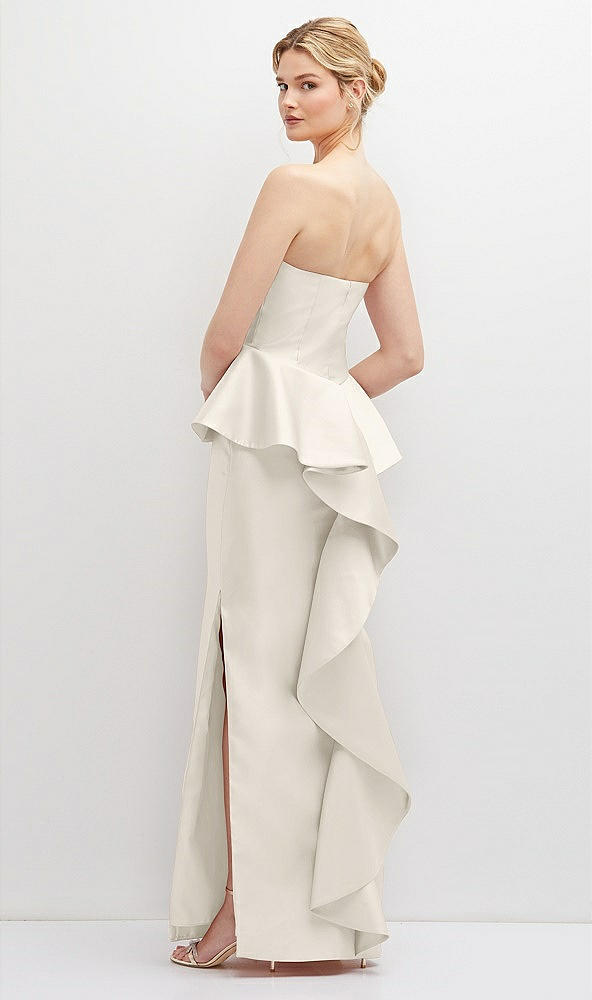 Back View - Ivory Strapless Satin Maxi Dress with Cascade Ruffle Peplum Detail