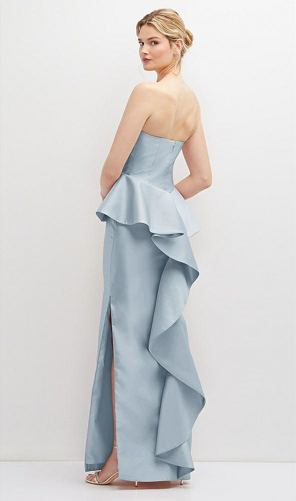 Back View - Mist Strapless Satin Maxi Dress with Cascade Ruffle Peplum Detail