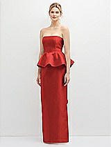 Front View Thumbnail - Poppy Red Strapless Satin Maxi Dress with Cascade Ruffle Peplum Detail