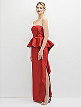 Side View Thumbnail - Poppy Red Strapless Satin Maxi Dress with Cascade Ruffle Peplum Detail