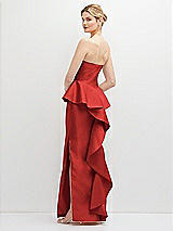 Rear View Thumbnail - Poppy Red Strapless Satin Maxi Dress with Cascade Ruffle Peplum Detail