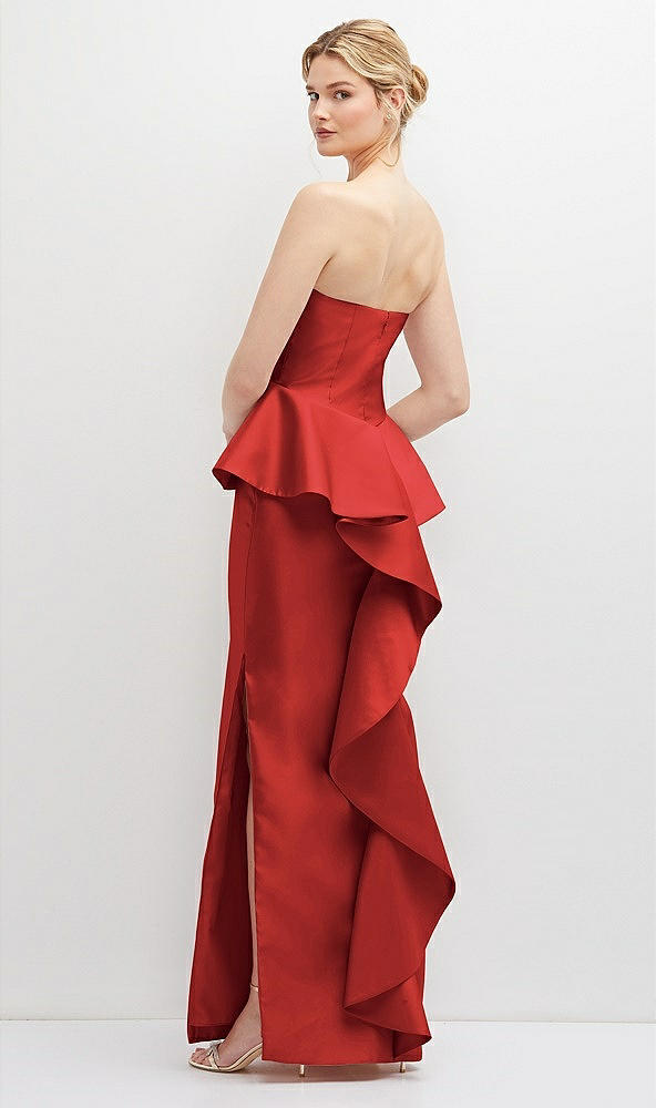 Back View - Poppy Red Strapless Satin Maxi Dress with Cascade Ruffle Peplum Detail