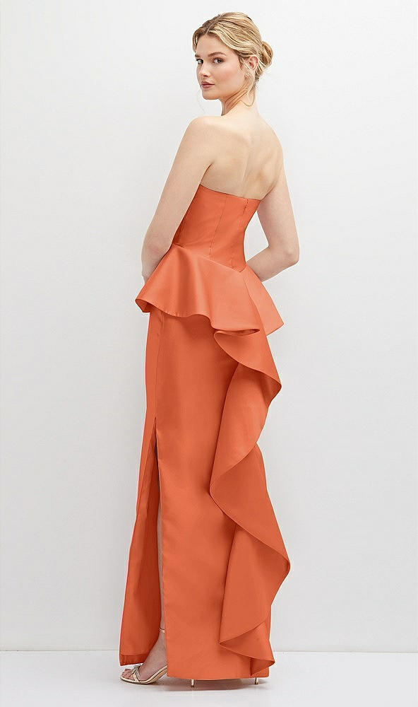 Back View - Portofino Orange Strapless Satin Maxi Dress with Cascade Ruffle Peplum Detail
