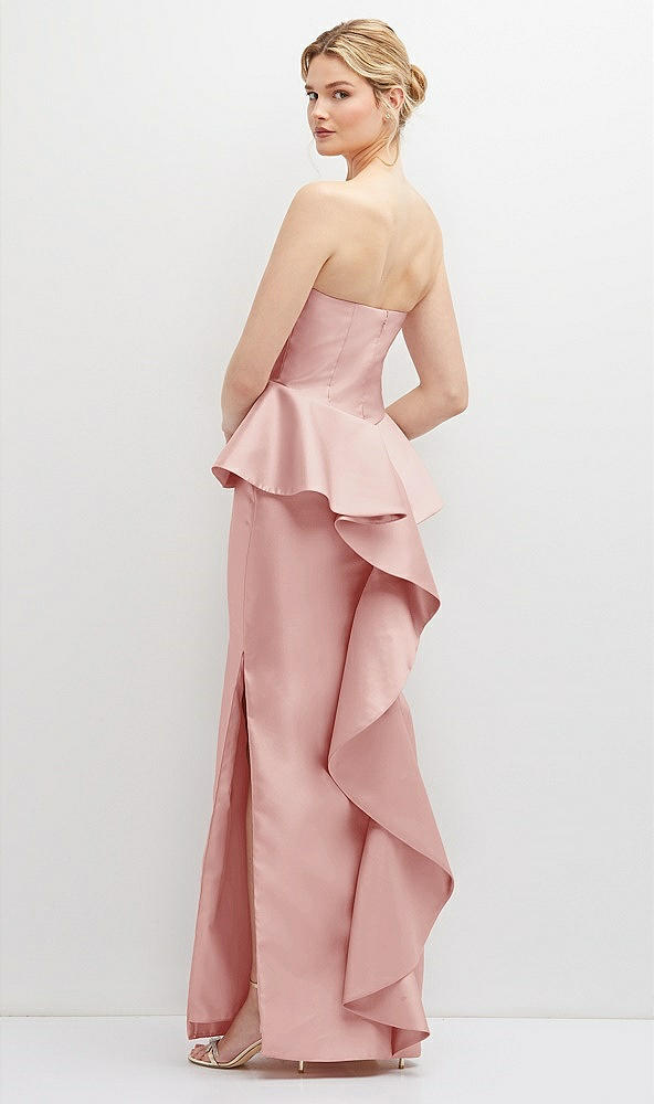 Back View - Rose Strapless Satin Maxi Dress with Cascade Ruffle Peplum Detail
