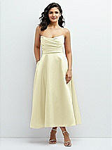 Front View Thumbnail - Butter Yellow Draped Bodice Strapless Satin Midi Dress with Full Circle Skirt