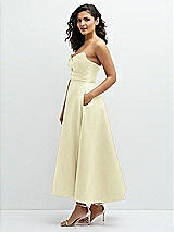 Side View Thumbnail - Butter Yellow Draped Bodice Strapless Satin Midi Dress with Full Circle Skirt