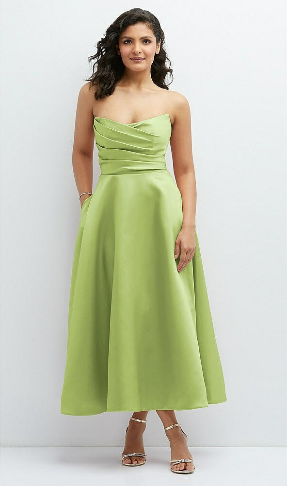 Front View - Mojito Draped Bodice Strapless Satin Midi Dress with Full Circle Skirt