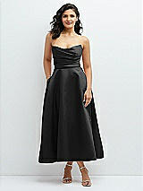 Front View Thumbnail - Black Draped Bodice Strapless Satin Midi Dress with Full Circle Skirt