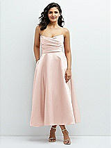 Front View Thumbnail - Blush Draped Bodice Strapless Satin Midi Dress with Full Circle Skirt