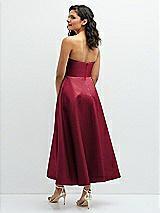 Rear View Thumbnail - Burgundy Draped Bodice Strapless Satin Midi Dress with Full Circle Skirt