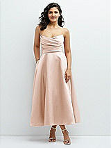 Front View Thumbnail - Cameo Draped Bodice Strapless Satin Midi Dress with Full Circle Skirt