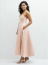 Side View Thumbnail - Cameo Draped Bodice Strapless Satin Midi Dress with Full Circle Skirt