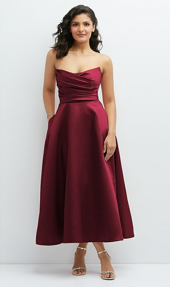 Front View - Cabernet Draped Bodice Strapless Satin Midi Dress with Full Circle Skirt