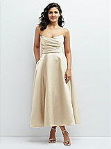 Front View Thumbnail - Champagne Draped Bodice Strapless Satin Midi Dress with Full Circle Skirt