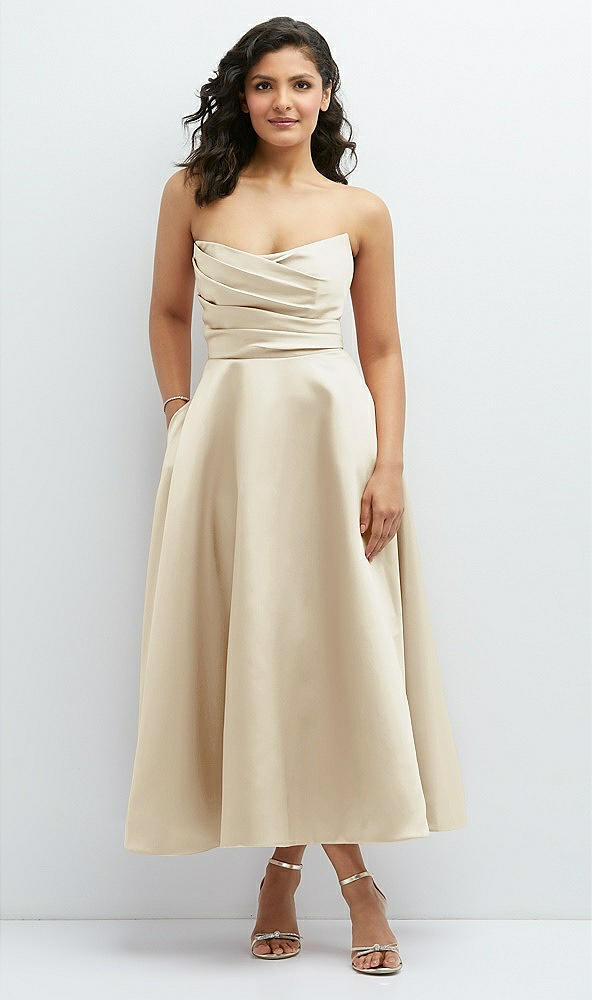 Front View - Champagne Draped Bodice Strapless Satin Midi Dress with Full Circle Skirt