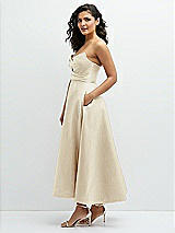 Side View Thumbnail - Champagne Draped Bodice Strapless Satin Midi Dress with Full Circle Skirt