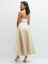 Rear View Thumbnail - Champagne Draped Bodice Strapless Satin Midi Dress with Full Circle Skirt