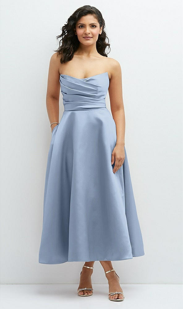 Front View - Cloudy Draped Bodice Strapless Satin Midi Dress with Full Circle Skirt