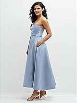 Side View Thumbnail - Cloudy Draped Bodice Strapless Satin Midi Dress with Full Circle Skirt