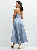 Rear View Thumbnail - Cloudy Draped Bodice Strapless Satin Midi Dress with Full Circle Skirt