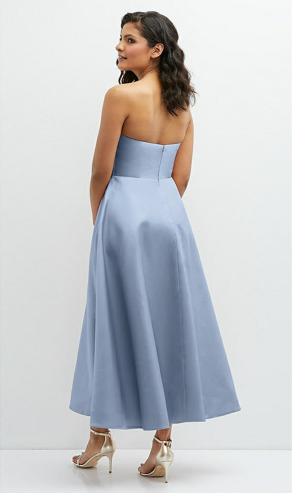 Back View - Cloudy Draped Bodice Strapless Satin Midi Dress with Full Circle Skirt