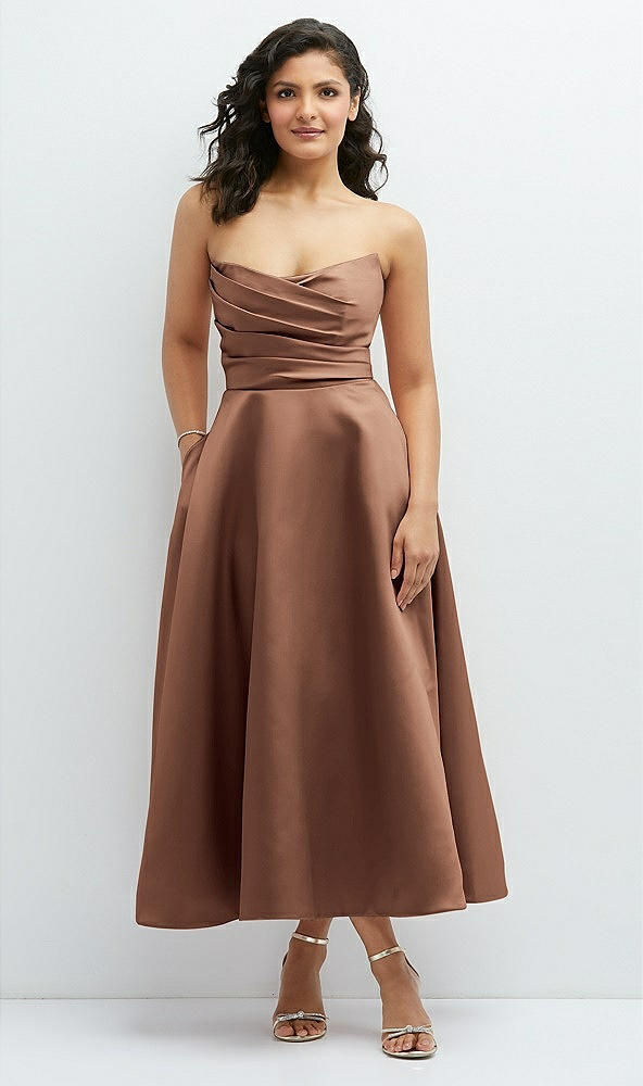 Front View - Cognac Draped Bodice Strapless Satin Midi Dress with Full Circle Skirt