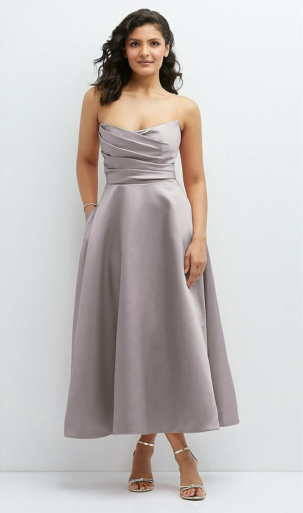 Front View - Cashmere Gray Draped Bodice Strapless Satin Midi Dress with Full Circle Skirt