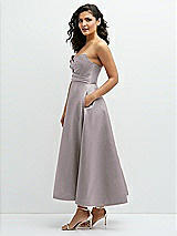 Side View Thumbnail - Cashmere Gray Draped Bodice Strapless Satin Midi Dress with Full Circle Skirt