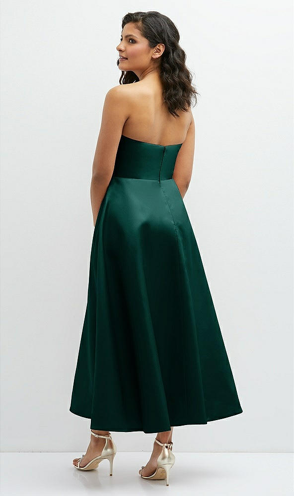 Back View - Evergreen Draped Bodice Strapless Satin Midi Dress with Full Circle Skirt