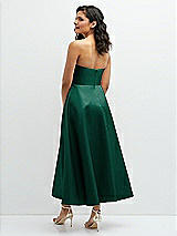 Rear View Thumbnail - Hunter Green Draped Bodice Strapless Satin Midi Dress with Full Circle Skirt