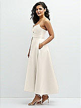 Side View Thumbnail - Ivory Draped Bodice Strapless Satin Midi Dress with Full Circle Skirt