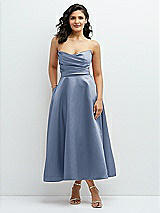 Front View Thumbnail - Larkspur Blue Draped Bodice Strapless Satin Midi Dress with Full Circle Skirt