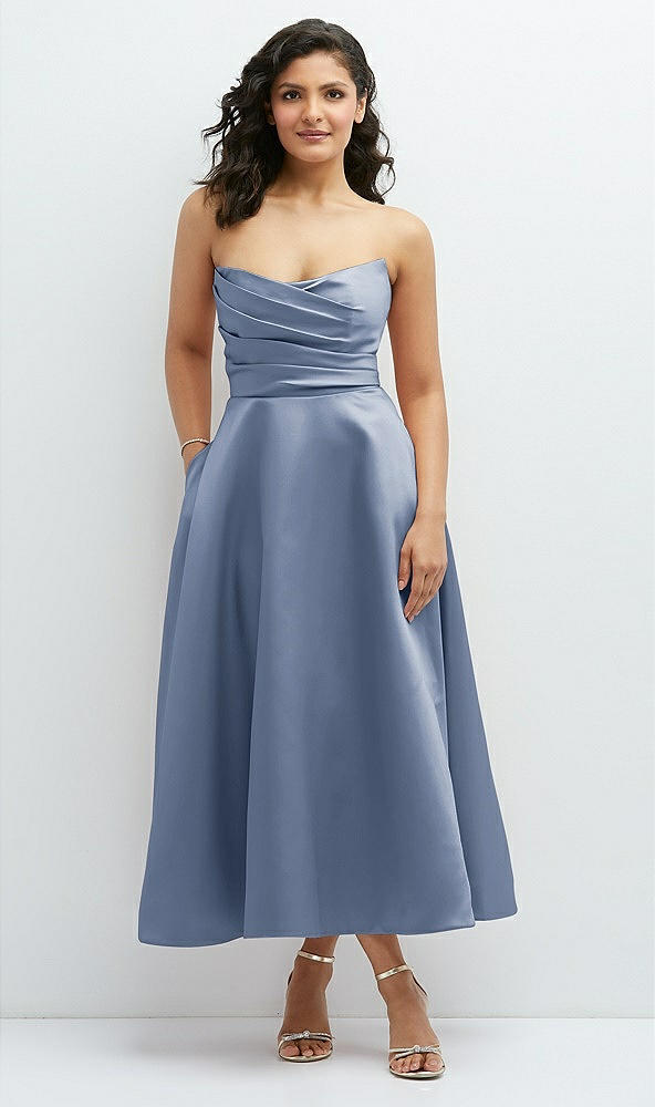 Front View - Larkspur Blue Draped Bodice Strapless Satin Midi Dress with Full Circle Skirt