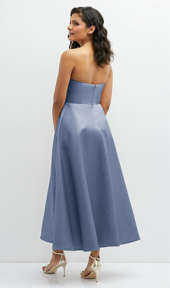 Back View - Larkspur Blue Draped Bodice Strapless Satin Midi Dress with Full Circle Skirt