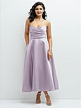 Front View Thumbnail - Lilac Haze Draped Bodice Strapless Satin Midi Dress with Full Circle Skirt