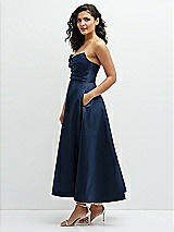 Side View Thumbnail - Midnight Navy Draped Bodice Strapless Satin Midi Dress with Full Circle Skirt
