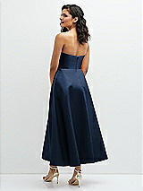 Rear View Thumbnail - Midnight Navy Draped Bodice Strapless Satin Midi Dress with Full Circle Skirt
