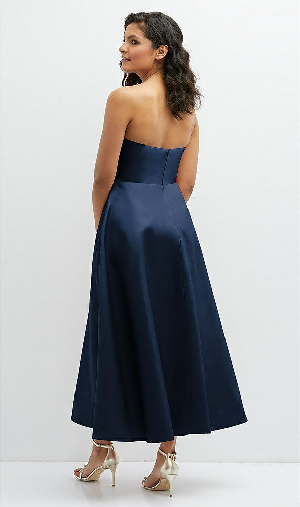 Back View - Midnight Navy Draped Bodice Strapless Satin Midi Dress with Full Circle Skirt