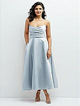 Front View Thumbnail - Mist Draped Bodice Strapless Satin Midi Dress with Full Circle Skirt