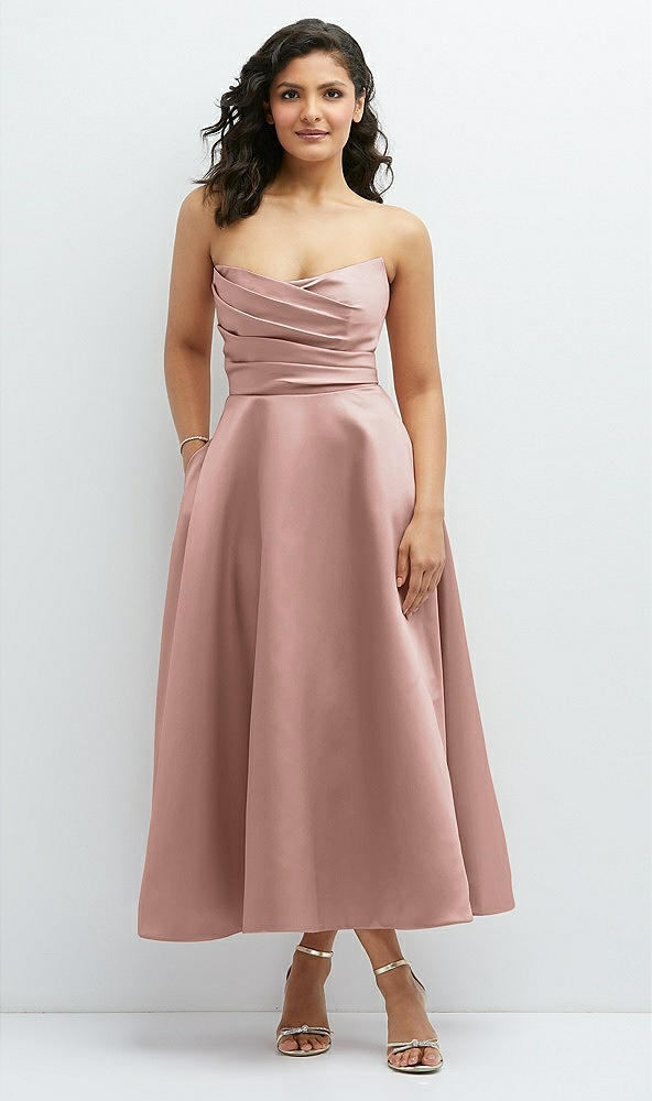 Front View - Neu Nude Draped Bodice Strapless Satin Midi Dress with Full Circle Skirt