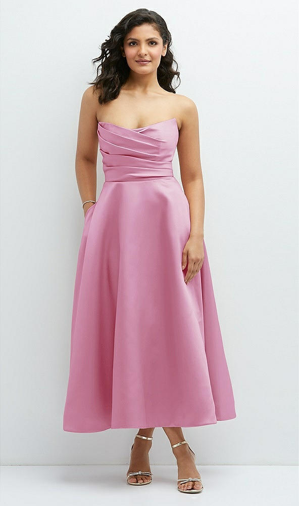 Front View - Powder Pink Draped Bodice Strapless Satin Midi Dress with Full Circle Skirt