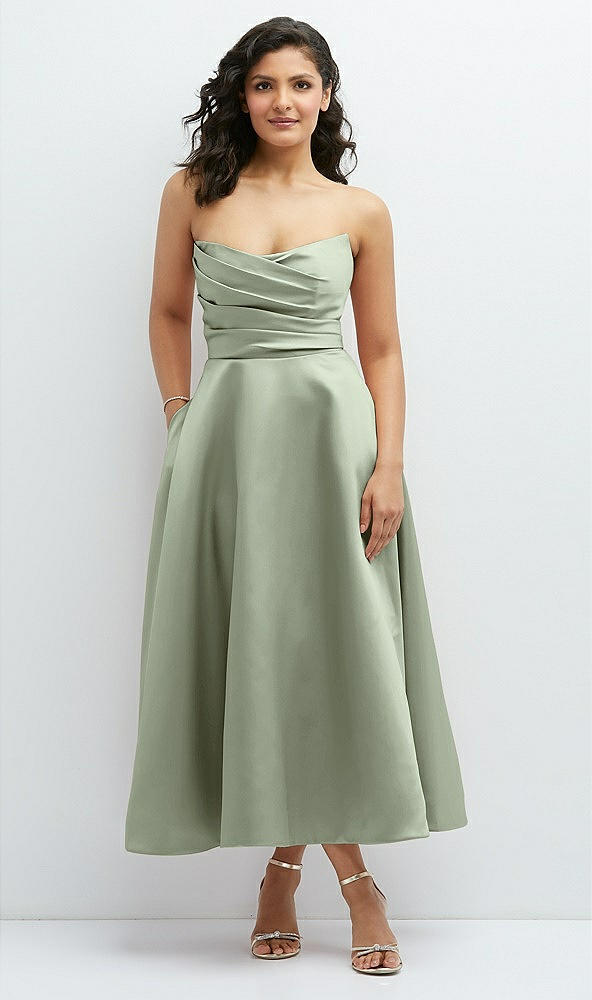 Front View - Sage Draped Bodice Strapless Satin Midi Dress with Full Circle Skirt