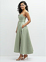 Side View Thumbnail - Sage Draped Bodice Strapless Satin Midi Dress with Full Circle Skirt
