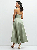 Rear View Thumbnail - Sage Draped Bodice Strapless Satin Midi Dress with Full Circle Skirt