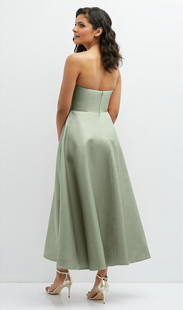 Back View - Sage Draped Bodice Strapless Satin Midi Dress with Full Circle Skirt